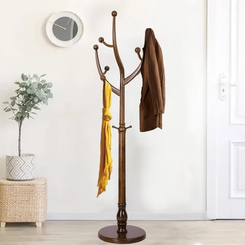 Vista 17 de Perchero de madera independiente, colgador de árbol de pasillo con ganchos de resina, perchero ajustable y resistente para colgar ropa, bolsas