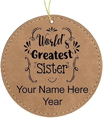Vista 2 de LaserGram Personalized Christmas Ornament, World's Greatest Sister, Faux Leather, Custom Laser Engraved Gift Idea (Round Shape, Black with Gold)