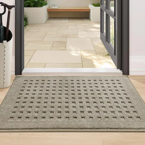 Vista 9 de BEQHAUSE Tapetes para puerta de 20 x 32 pulgadas, tapete antideslizante de punto gofre, de perfil bajo, resistente a la suciedad y absorbente, Beige