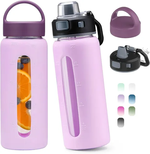 Vista 15 de Kodrine - Botella de agua de vidrio de 20 onzas con popote y 2 tapas para fácil transporte, con asa, funda de silicona y marcador de tiempo, botella