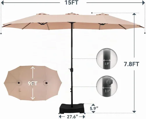 Vista 5 de GREEN PARTY Sombrilla de patio rectangular de 15 pies con base incluida, sombrilla de mesa de doble cara con manivela, sombrillas grandes