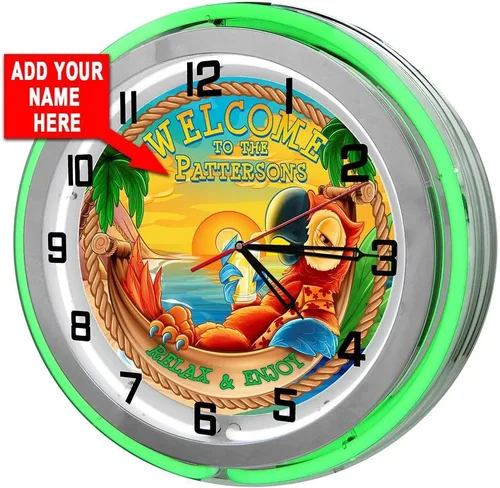 Vista 8 de Reloj de garaje personalizado Tiki Parrot Beach Bar de 18 pulgadas, color azul, doble neón, de Redeye Laserworks