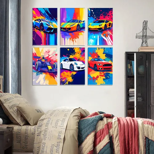 Vista 5 de Aihonmin Paquete de 6 pinturas por números para adultos, amantes de los automóviles, kit de pintura por números, sobre lienzo para principiantes