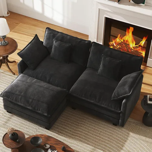 Vista 49 de Sofá de nube en forma de L de 77 pulgadas, sofá modular con otomana, cómodo sofá biplaza de felpilla con almohada para sala de estar, dormitorio
