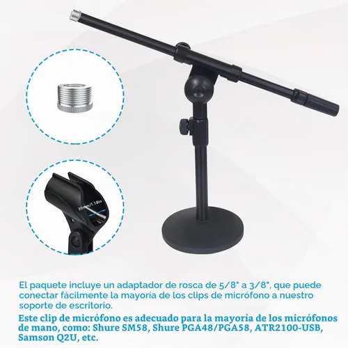 Vista 6 de Soporte de micrófono de escritorio ajustable, soporte de escritorio con clip de micrófono para micrófono de mano, brazo de brazo, adaptador