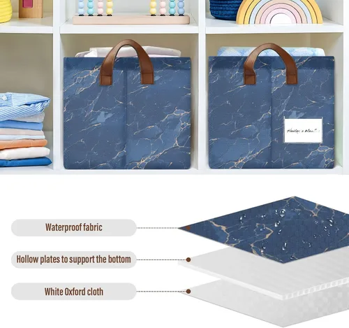Vista 6 de Cestas de almacenamiento plegables decorativas de mármol azul oscuro de dibujos animados, organizador de almacenamiento con asas, estantes, armario