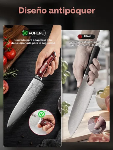 Vista 7 de FOHERE Juego de cuchillos de chef, 5 cuchillos de cocina ultra afilados con mango ergonómico de madera de Pakka roja, juego de cuchillos