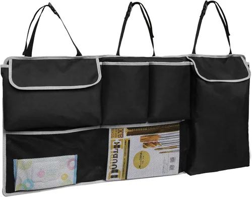 Vista 5 de UNUSTRENGH - Organizador de maletero para asiento trasero de automóvil, organizador plegable de carga con 6 bolsillos grandes y 3 correas ajustables