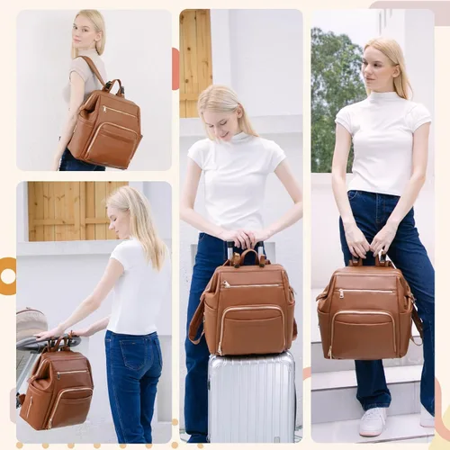 Vista 6 de Omanmoli Bolsa de pañales Mochila de cuero grande Bolsa de viaje para bebés Marrón