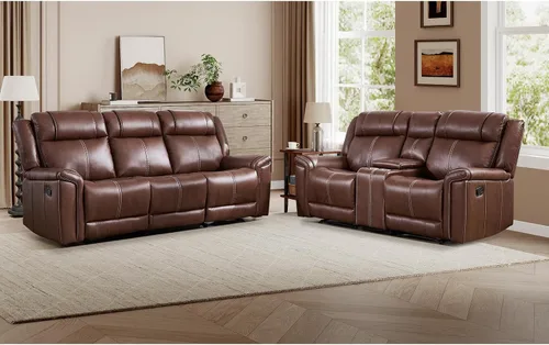 Vista 22 de EBELLO Sofá reclinable de cuero sintético de 3 plazas, sofá reclinable manual, silla de 3 asientos de estilo moderno de mediados de siglo con Marrón