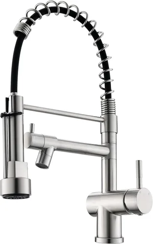 Vista 15 de VFAUOSIT - Grifo de cocina con rociador extraíble, grifo de fregadero de cocina sin plomo, níquel cepillado, acero inoxidable, arco alto, extracción