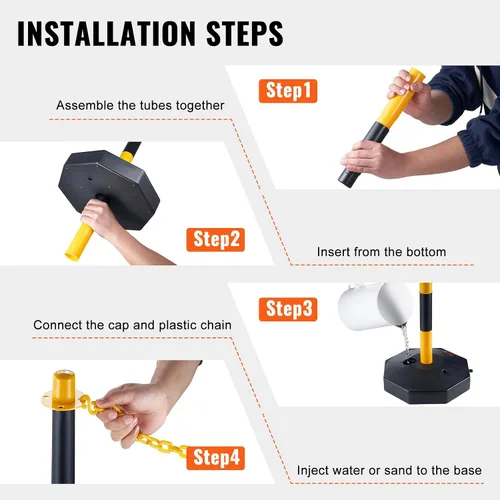 Vista 4 de VEVOR Conos de poste delineador de tráfico ajustable, paquete de 4, barrera delineadora de seguridad de tráfico con base rellenable de 8 pies