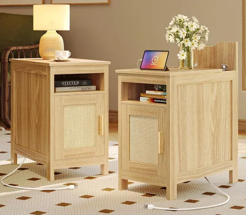 Vista 13 de Huuger Mesita de noche estrecha, mesa auxiliar con estación de carga, puerto USB-C, mesa auxiliar de ratán con gabinete y estante abierto, ratán