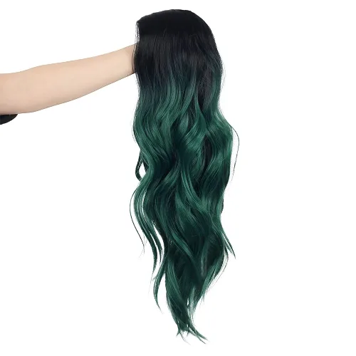 Vista 3 de Baruisi Long Curly Wavy Ombre Black Green Wig Synthetic Natural Middle Part Cosplay Costume Hair Wigs for Women