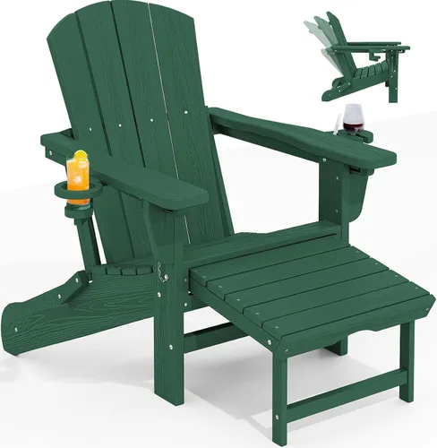 Vista 27 de KINGYES Silla Adirondack plegable ajustable con otomana y 2 portavasos, silla reclinable Adirondack HDPE con reposapiés, Aruba