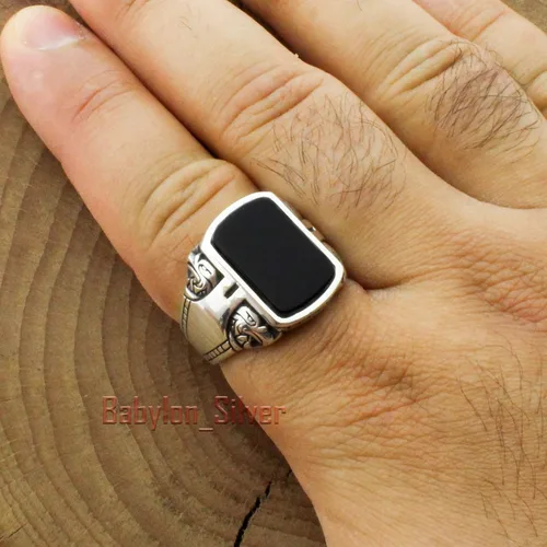 Vista 5 de Anillo de lujo pesado de plata de ley 925 con piedra de ónice turca hecha a mano con diseño de águila, Piedra, ónix