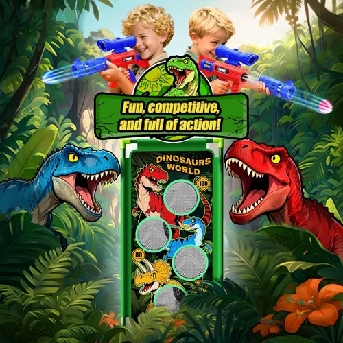 Vista 9 de Juego de disparos con dinosaurios, 2 lanzadores de bomba de aire con diversión de apuntar, 3 temas de dinosaurios y 4 puntos de puntuación
