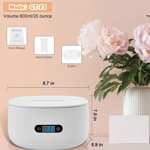 Vista 7 de Limpiador ultrasónico de joyas, limpiador de joyas con temporizador digital de 40 kHz, 20.3 fl oz, limpiador ultrasónico de joyas con cesta