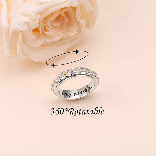 Vista 3 de Anillo giratorio para aliviar la ansiedad con margaritas You Are My Sunshine Flower Fidget Ring de plata esterlina TDAH para aliviar el estrés