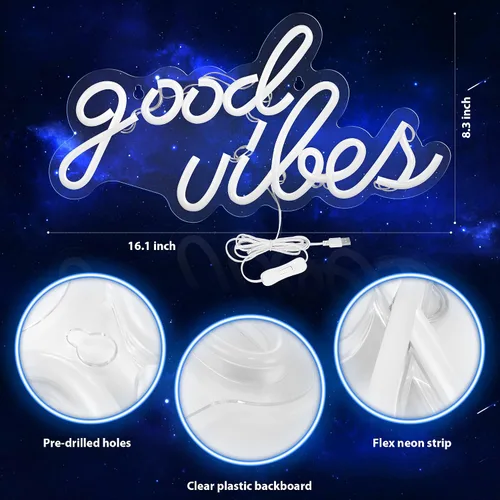 Vista 3 de Olekki Letrero de neón Blue Good Vibes – Letreros LED de neón para decoración de pared, luces de neón para dormitorio, letreros de pared de neón Azul
