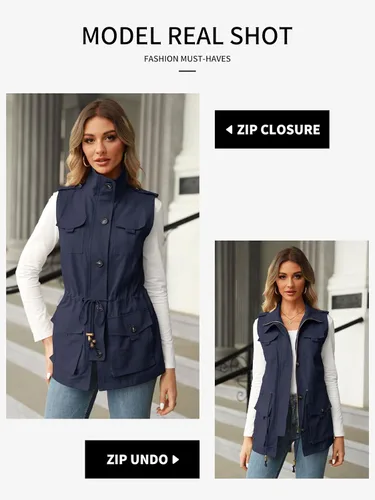 Vista 2 de Koodred - Chaleco militar casual para mujer, ligero, sin mangas, con cordón, con bolsillos