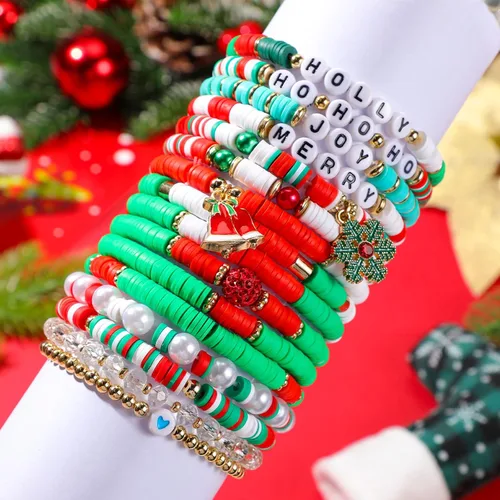 Vista 6 de Juego de 48 pulseras de Navidad apilables Heishi Surfer pulseras de Navidad con cuentas, pulseras de Navidad a granel para mujer, pulsera elástica