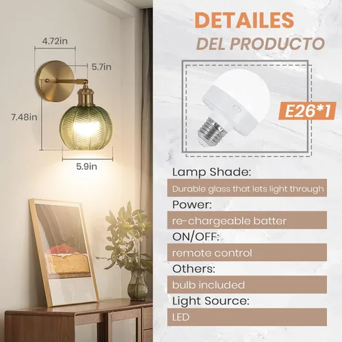 Vista 6 de Juego de dos apliques de pared vintage, funciona con pilas, con pantalla de cristal de tulipán verde oscuro, lámpara de pared recargable con control