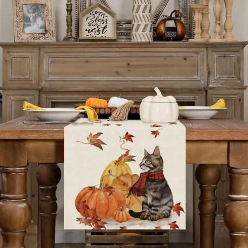 Vista 2 de GAGEC Camino de mesa de otoño, calabazas, gato, hoja de arce, cosecha de otoño, decoración de Acción de Gracias de temporada para el hogar, cocina