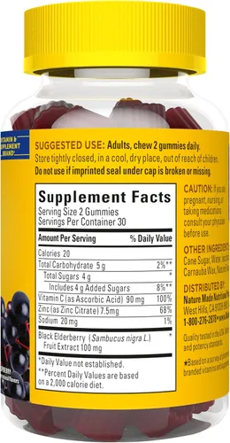 Vista 8 de Nature Made Saúco con vitamina C y zinc, suplemento dietético para apoyo inmunológico, 60 gomitas y suministro para 30 días