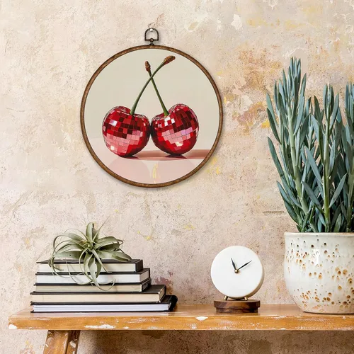 Vista 4 de Voxitura Arte de pared de frutas de cereza disco con marco redondo, decoración de pared preppy lienzo femenino para habitación de cocina, pinturas