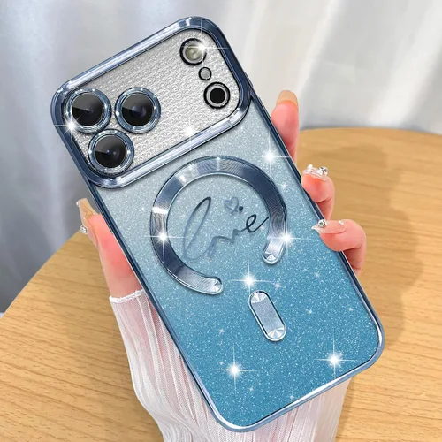 Vista 54 de ZIYE Funda Magnética Diseñada para iPhone 14 Funda con Purpurina Plateado de Lujo Corazón de Amor Compatible con MagSafe Funda Transparente con Negro