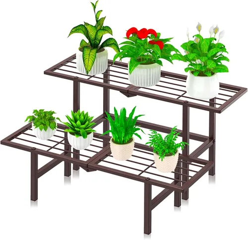 Vista 9 de Paquete de 2 soportes para plantas de 1 nivel para interiores y exteriores, estante plegable de metal para plantas, diseño estrecho de 8.7 pulgadas