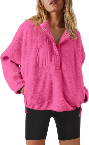 Vista 32 de Nirovien - Chaqueta de forro polar con capucha para mujer, manga larga, sherpa, sudadera mullida, abrigada, con botones y bolsillos Un rosa