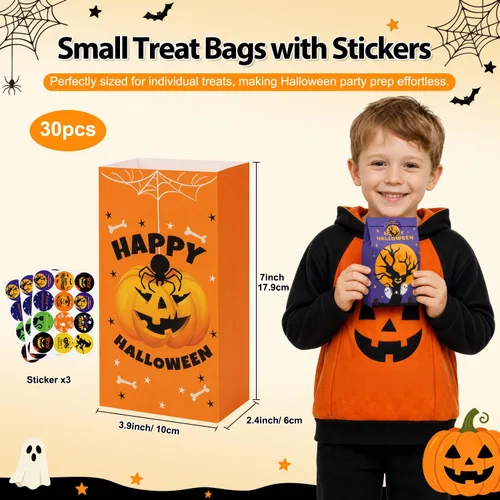 Vista 2 de Shintop 30 bolsas de regalo de Halloween con calcomanías, bolsas de papel