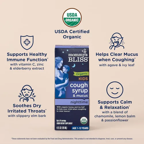 Vista 3 de Mommy's Bliss Jarabe orgánico para la tos y alivio de la mucosidad para niños, agave y miel, hoja de hiedra, zinc, vitamina C, jarabe para la tos