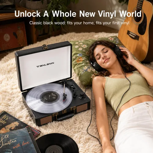Vista 9 de Reproductor de discos de vinilo con altavoces integrados, tocadiscos de entrada Bluetooth de 3 velocidades, grabación y reproducción USB/TF