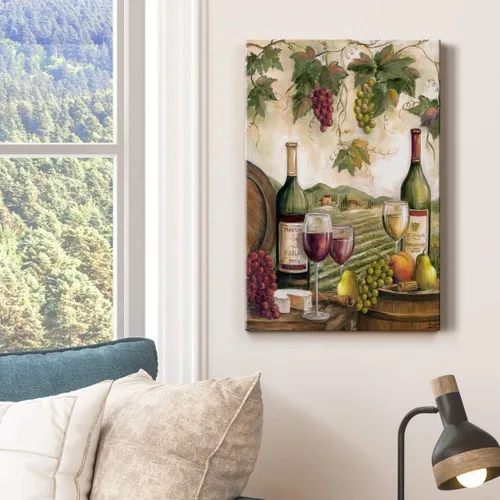 Vista 3 de Renditions Gallery Arte de pared de viñedo, decoración de vino rojo y blanco, queso y uvas, arte escénico para cocina o comedor, lienzo de alta