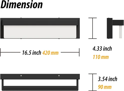 Vista 2 de Lámpara LED para tocador de baño, 16.5 pulgadas, moderna, rectangular, color negro, mate, barra de iluminación de metal mate, aplique de pared