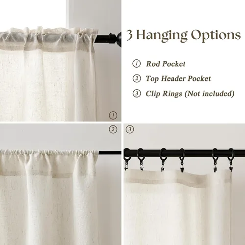 Vista 8 de Cortinas de cocina de lino semitransparente beige de 24 pulgadas de largo, 2 paneles Cream, Cafe Short Curtains, for Bathroom Small Windows, Light