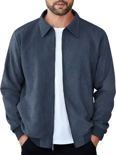 Vista 13 de COOFANDY Chaqueta bomber casual de ante para hombre, ligera, con cremallera completa, chaqueta de piel sintética vintage