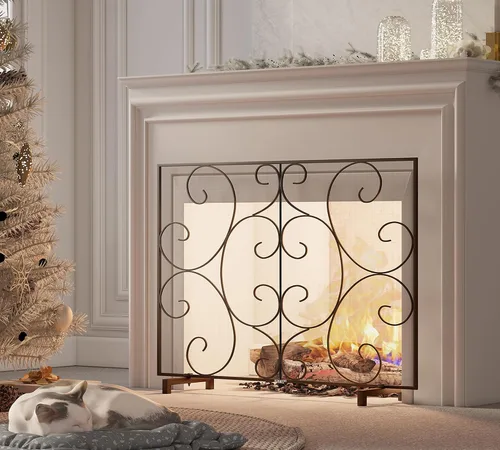 Vista 2 de Kingson - Pantalla protectora decorativa de panel único para chimenea, malla de metal resistente hecha a mano, protector contra chispas de fuego