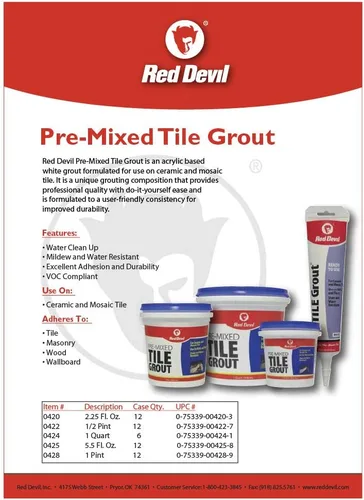 Vista 2 de Red Devil 0428 Lechada premezclada para azulejos - Calidad profesional, excelente adhesión, ideal para uso en paredes y pisos - 1 pinta, blanca