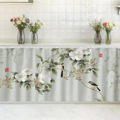 Vista 6 de SK Studio Cortinas cortas para cocina, estante de gabinete, a prueba de polvo, cortina opaca para café debajo del fregadero, falda para baño