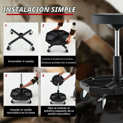 Vista 8 de Goplus Taburete mecánico con ruedas, bandeja magnética para herramientas Negro