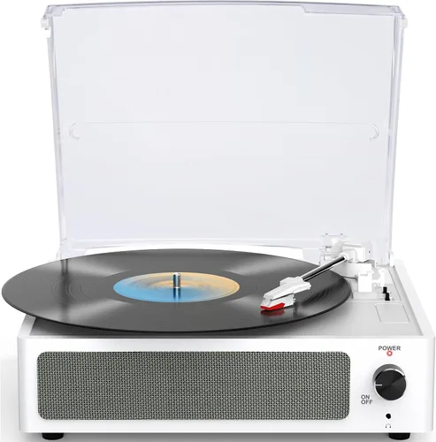 Vista 11 de Tocadiscos de vinilo vintage con altavoces, giradiscos accionados por correa, compatible con 3 velocidades, reproducción inalámbrica Bluetooth