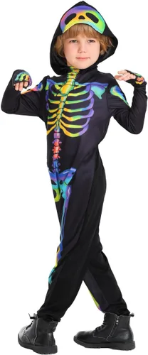 Vista 8 de Seasons Disfraz de esqueleto arcoíris con capucha para niños, sensible a la luz negra, disfraz de cosplay de Halloween