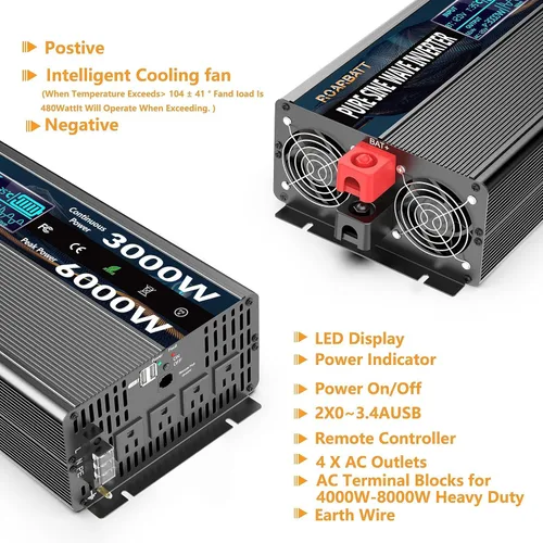 Vista 5 de 24V DC to 120V AC 3000 Watt Pure Sine Wave Power Inverter for RV Truck Use