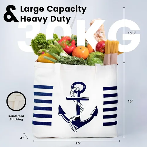 Vista 2 de Bolsa de lona con diseño náutico de anclaje con bolsillo interior, cremallera superior, bolsas de comestibles reutilizables para mujeres, playa