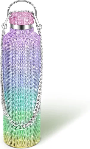 Vista 31 de Geiserailie Botella de agua con diamantes de imitación de acero inoxidable, térmica, recargable, aislada, con cadena, para mujeres y niñas