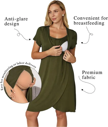 Vista 2 de Ekouaer Camisón de enfermería 3 en 1 camisón de maternidad de manga corta vestido de enfermería para lactancia materna ropa de dormir vestido